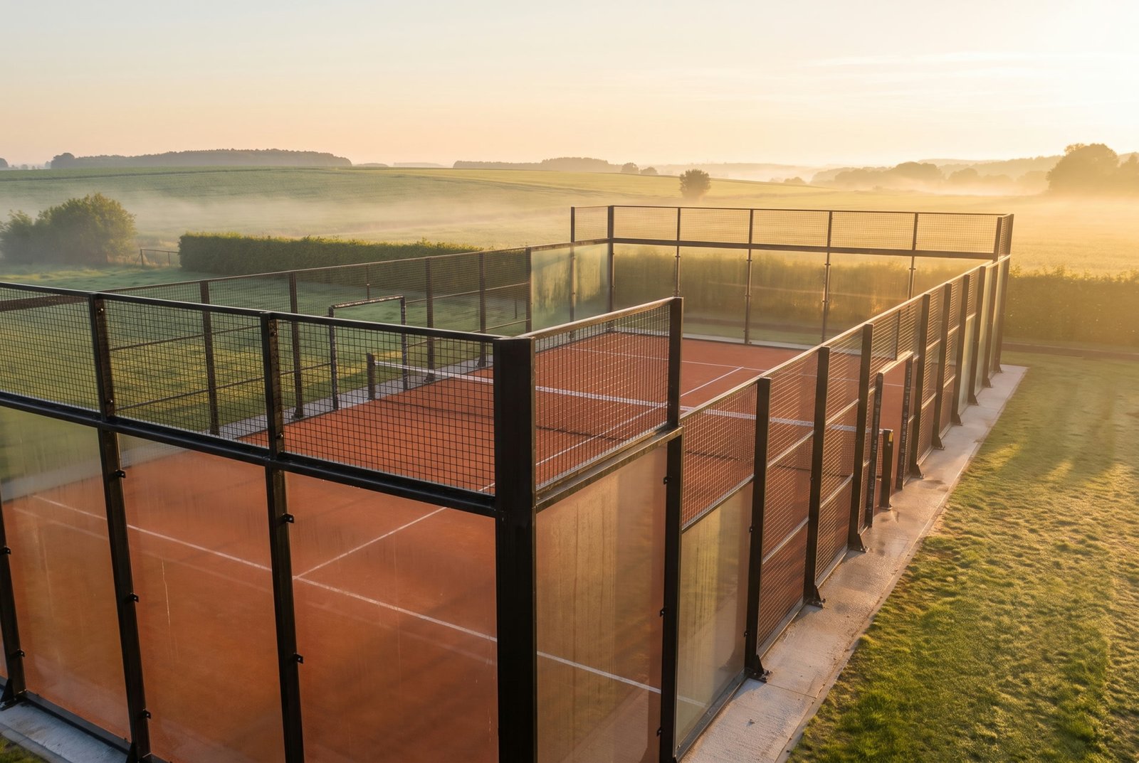 Outdoor padelbaan in de zon met zwart stalen kooi