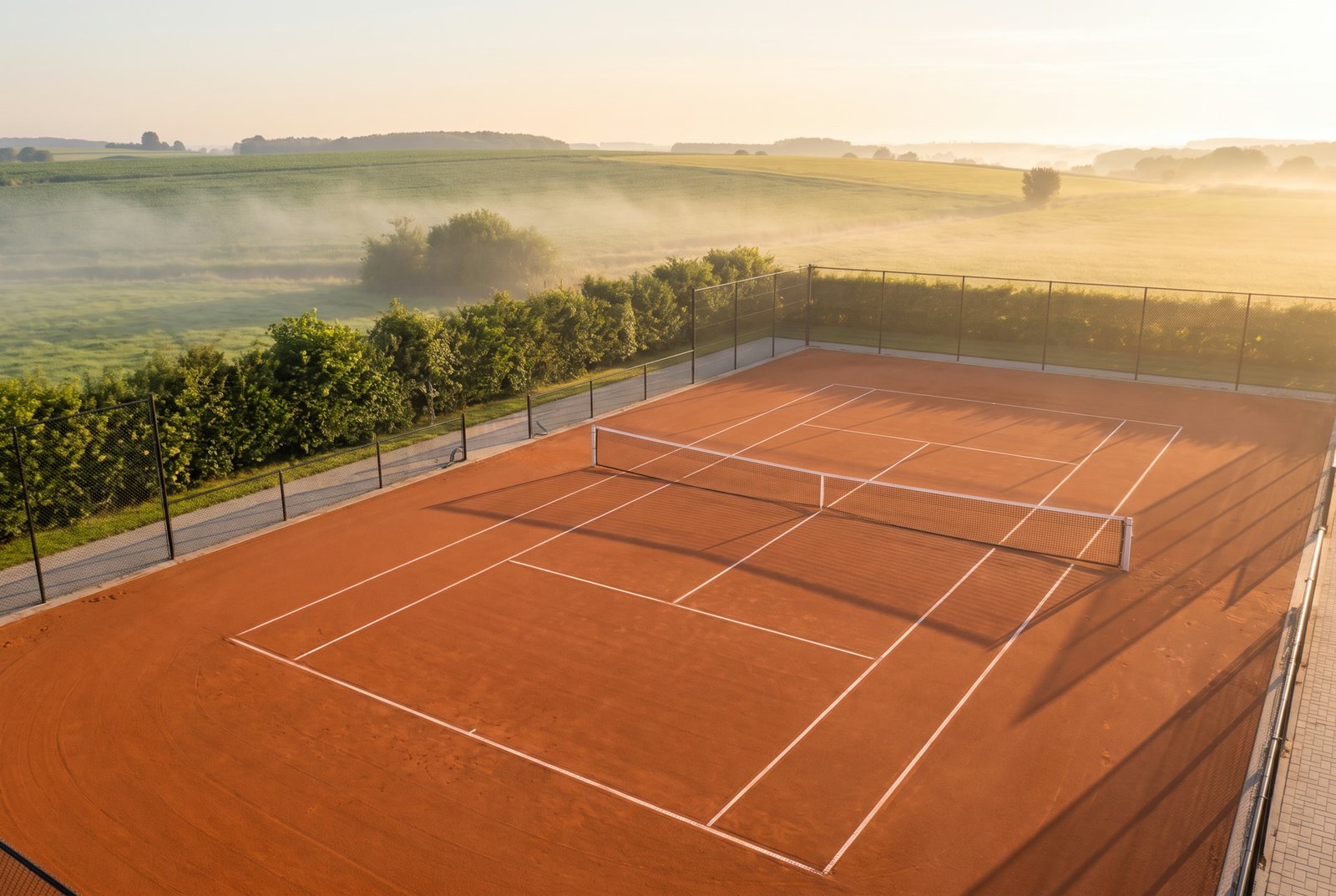 Tennisbaan met warme gravelkleurige ondergrond en wit net