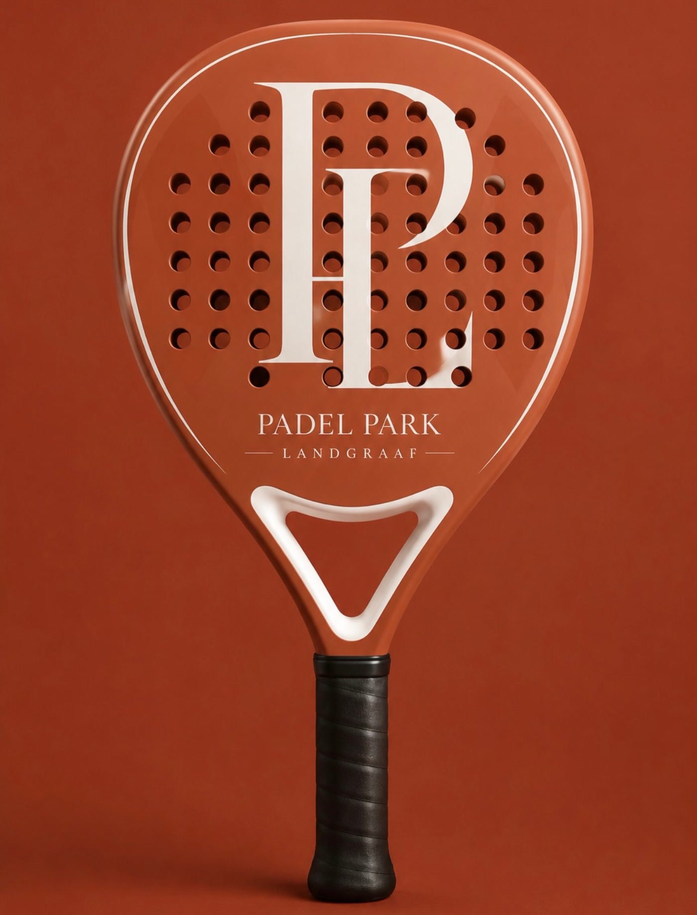 Padelracket in de kleuren van Padel Park Landgraaf met het PL-monogram