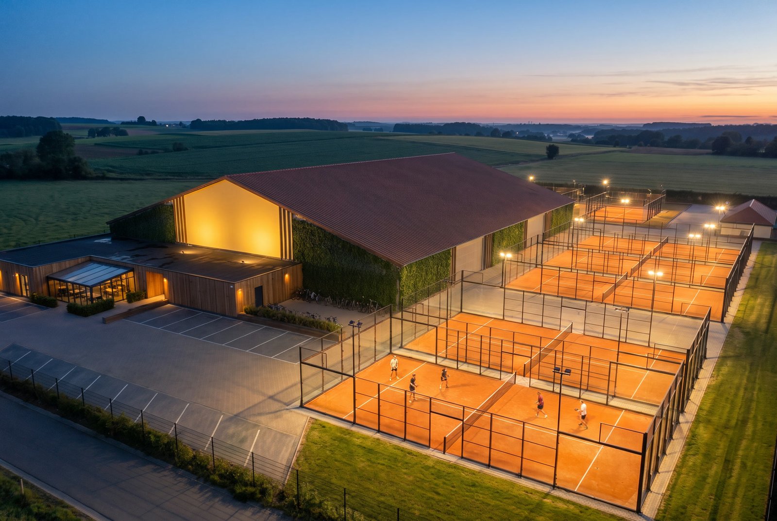 Padelbanen in de avond onder baanverlichting